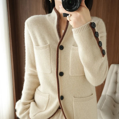 100% Cashmere / Wool Sweater Autumn/Winter 2021 Women's Stand-up Collar Cardigan Casual Knit Tops Korean Plus Size Female Jacket