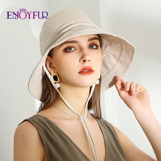 ENJOYFUR Women Cotton Summer Sun Hats Wide Brim Foldable Fashion Beach Hat Adjustable Lace-up UV Sun protection Female Cap New