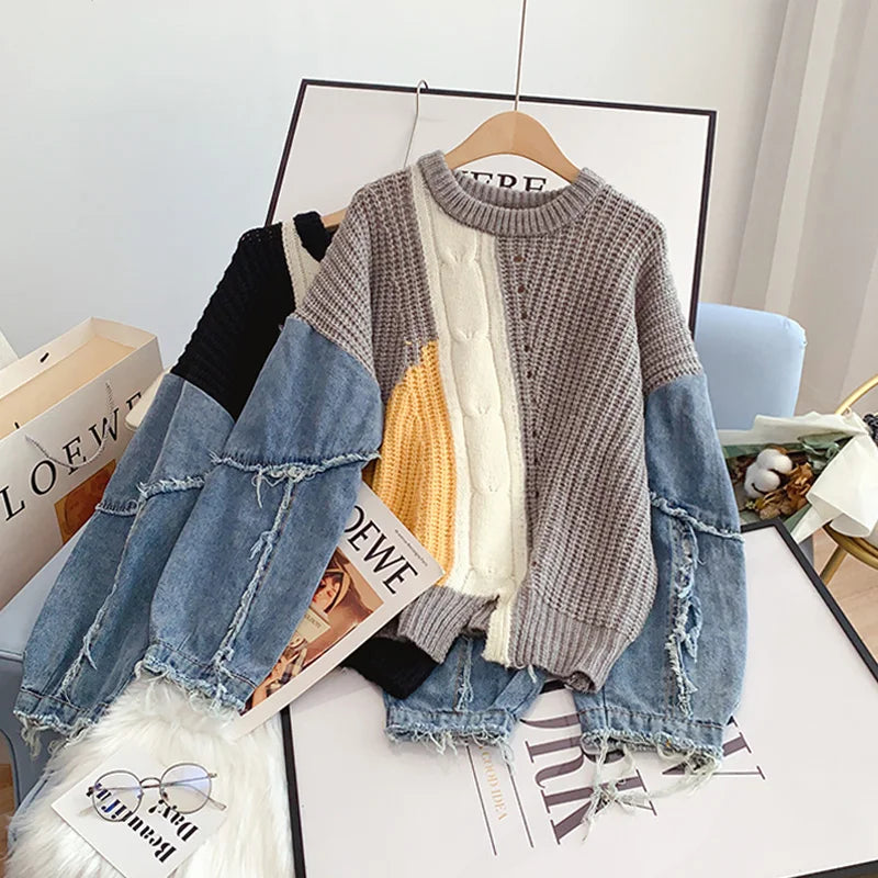 2023 Autumn Winter Sweater Women Casual Twist Woman Sweater Pullovers Denim Patchwork Jumper Warm Teen Oversized Streetwear