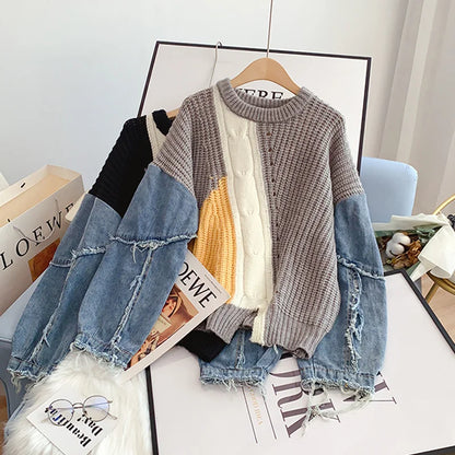 2023 Autumn Winter Sweater Women Casual Twist Woman Sweater Pullovers Denim Patchwork Jumper Warm Teen Oversized Streetwear