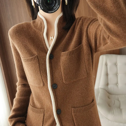 100% Cashmere / Wool Sweater Autumn/Winter 2021 Women's Stand-up Collar Cardigan Casual Knit Tops Korean Plus Size Female Jacket