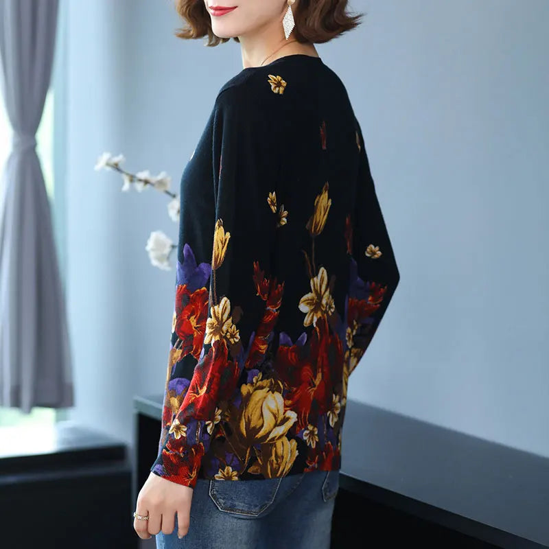 YISU Fashion Casual Autumn Women Sweater O-Neck morning glory Printing Long sleeve Tops Female Jumper Loose Knitted pullover