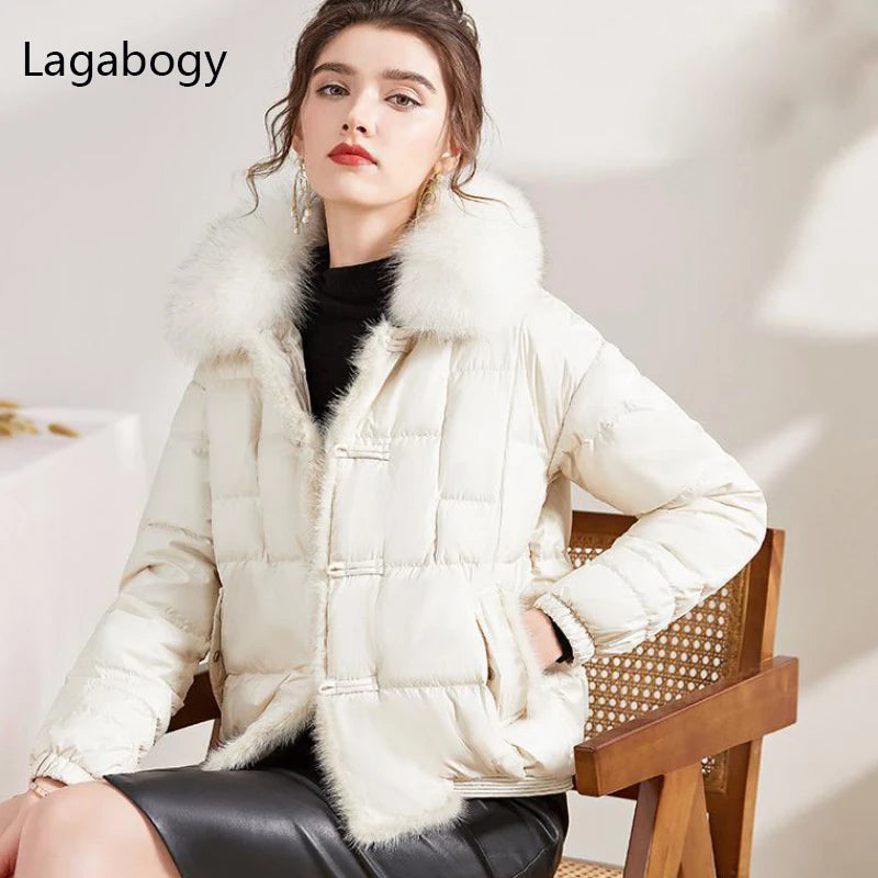 Lagabogy 2025 Real Fox Fur Collar Winter Women 90% White Duck Down Jacket Lady Short Warm Puffer Coat Female Loose Vintage Parka
