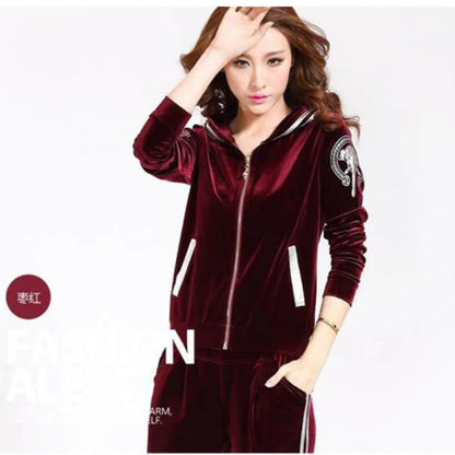 2025 Autunno primaverile Nuova femmina femmina Golden Velvet Casual Abbigliamento sportivo Stampa Cappellata con cappuccio +pantaloni Abita