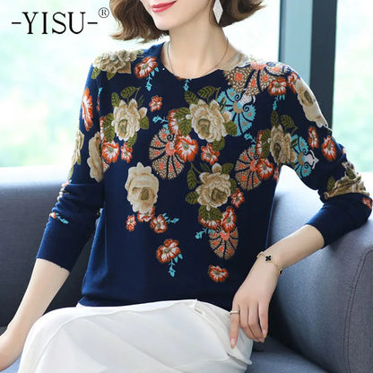 YISU 2021 New Fashion Casual Spring Autumn Women Sweater O-Neck Printing Long sleeve Tops  Female Jumper Loose Knitted pullover