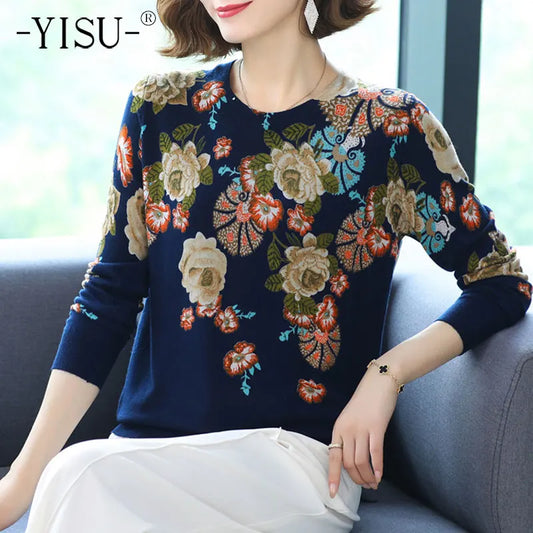 YISU 2021 New Fashion Casual Spring Autumn Women Sweater O-Neck Printing Long sleeve Tops  Female Jumper Loose Knitted pullover