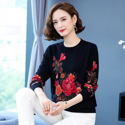 YISU Women Sweater New O-Neck Knitted pullove Long sleeve Simple Female Casual Loose Rose flower printing Women clothing
