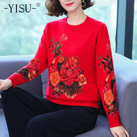 YISU Women Sweater New O-Neck Knitted pullove Long sleeve Simple Female Casual Loose Rose flower printing Women clothing