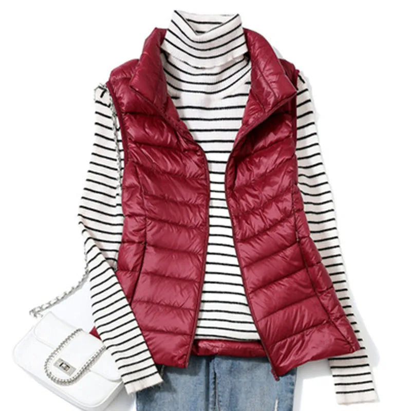 2023 New Ultra Light Down Vest Women Short Vest Windproof Lightweight Warm Waistcoat Female Sleeveless White Duck Down Coat