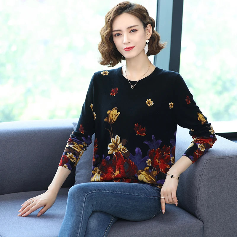 YISU Fashion Casual Autumn Women Sweater O-Neck morning glory Printing Long sleeve Tops Female Jumper Loose Knitted pullover
