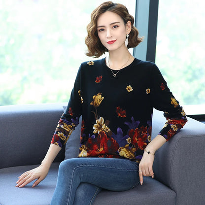 YISU Fashion Casual Autumn Women Sweater O-Neck morning glory Printing Long sleeve Tops Female Jumper Loose Knitted pullover