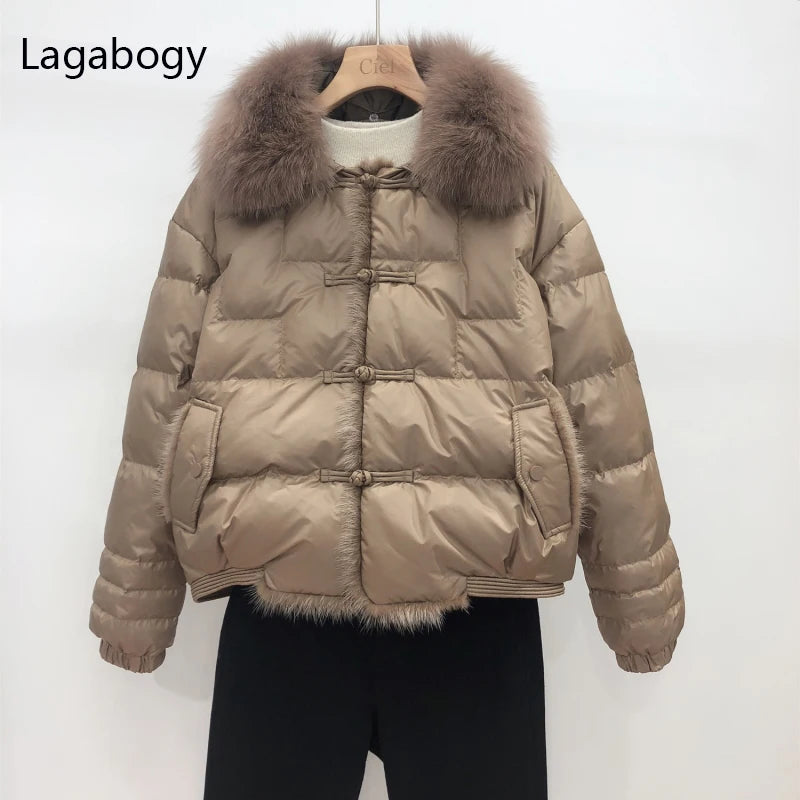 Lagabogy 2025 Real Fox Fur Collar Winter Women 90% White Duck Down Jacket Lady Short Warm Puffer Coat Female Loose Vintage Parka