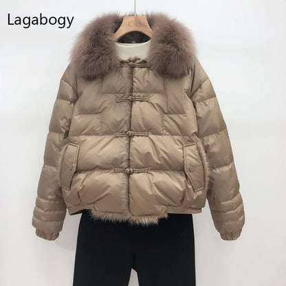 Lagabogy 2025 Real Fox Fur Collar Winter Women 90% White Duck Down Jacket Lady Short Warm Puffer Coat Female Loose Vintage Parka