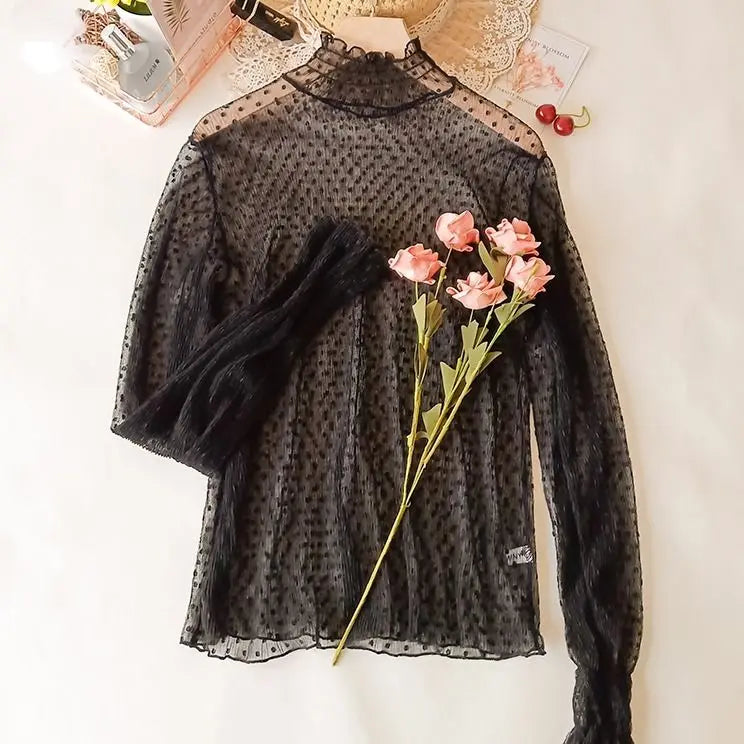 Bella Filosofia Donne Women Collar Mesh Perspective Blome Summer See attraverso Scifine pizzo lungo a maniche a maniche a bagliore lunghe