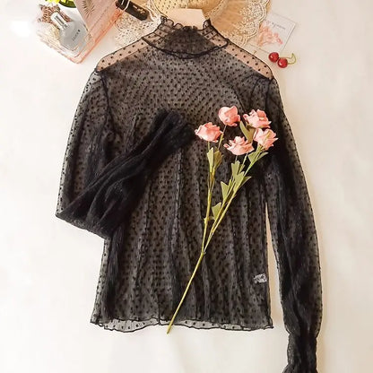 Bella Filosofia Donne Women Collar Mesh Perspective Blome Summer See attraverso Scifine pizzo lungo a maniche a maniche a bagliore lunghe