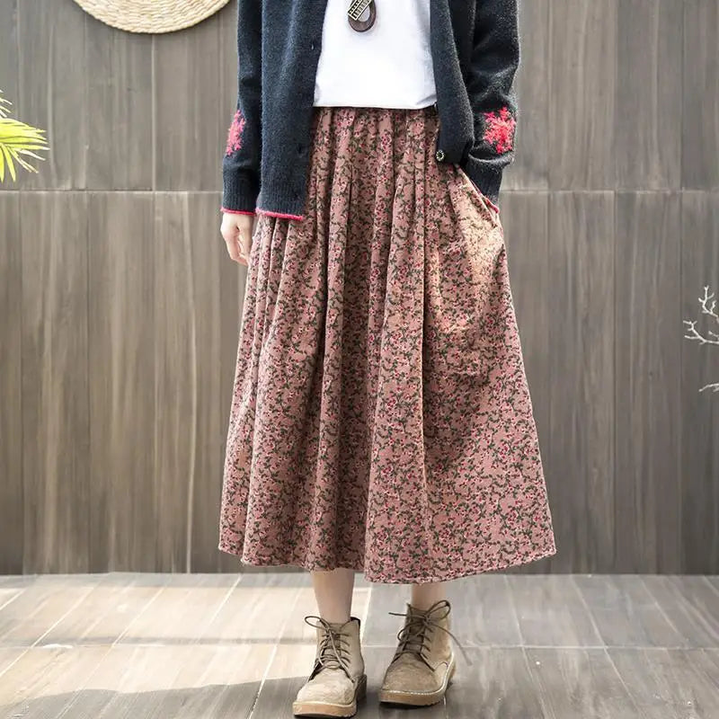 Primăvara toamna artelor în stil elastic talie de bumbac din bumbac a-line fustă lungă femei libere casual casual fustă florală de înaltă calitate s364