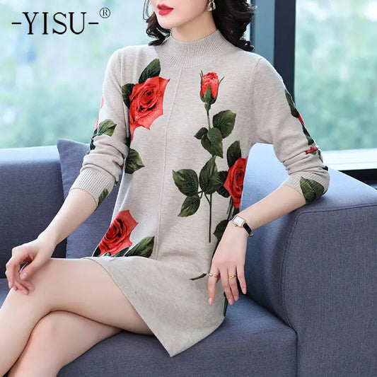 YISU Long Sweater Women Half high collar printing Loose Long sleeve Sweater Women Autumn Winter Elastic Casual Female Pullove