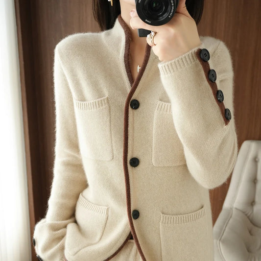 100% Cashmere / Wool Sweater Autumn/Winter 2021 Women's Stand-up Collar Cardigan Casual Knit Tops Korean Plus Size Female Jacket