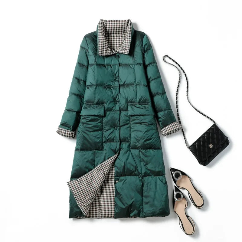 Duck Down Jacket Women Winter Long Thick Double Sided Plaid Coat Female Warm Down Parka For Women Slim Clothes 2024