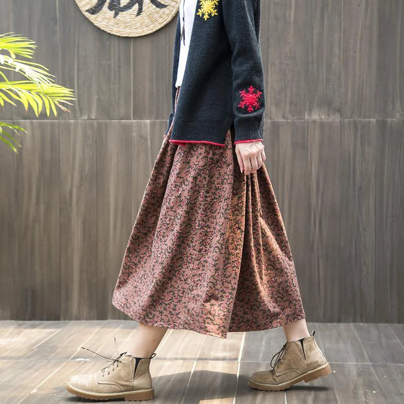 Primăvara toamna artelor în stil elastic talie de bumbac din bumbac a-line fustă lungă femei libere casual casual fustă florală de înaltă calitate s364