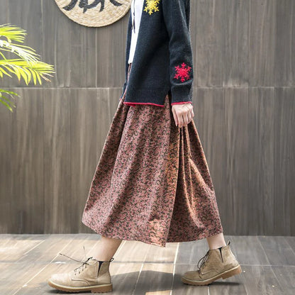 Primăvara toamna artelor în stil elastic talie de bumbac din bumbac a-line fustă lungă femei libere casual casual fustă florală de înaltă calitate s364