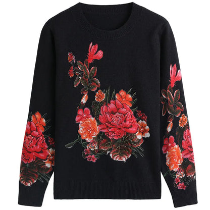 YISU Women Sweater New O-Neck Knitted pullove Long sleeve Simple Female Casual Loose Rose flower printing Women clothing