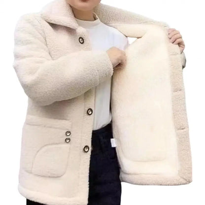 Winter Fleece Coat Single-breasted With Side Pockets Turn-down Collar Coat Coldproof Solid Color Long Sleeves Outwear Jacket