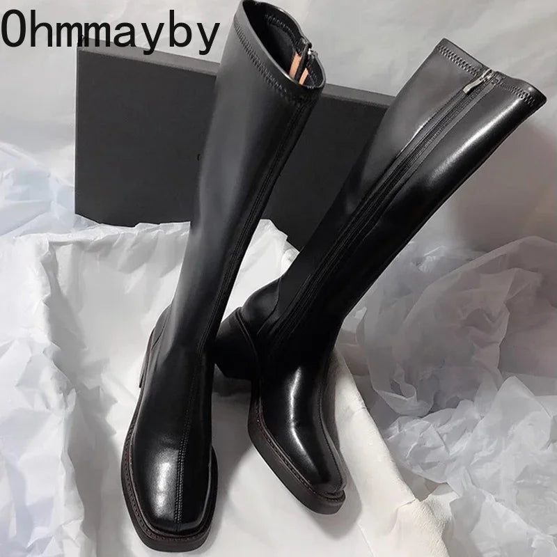 Vintage talon épais femmes genoue bottes hautes mode glissières