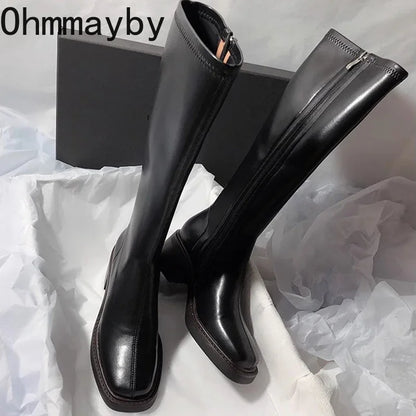 Vintage talon épais femmes genoue bottes hautes mode glissières