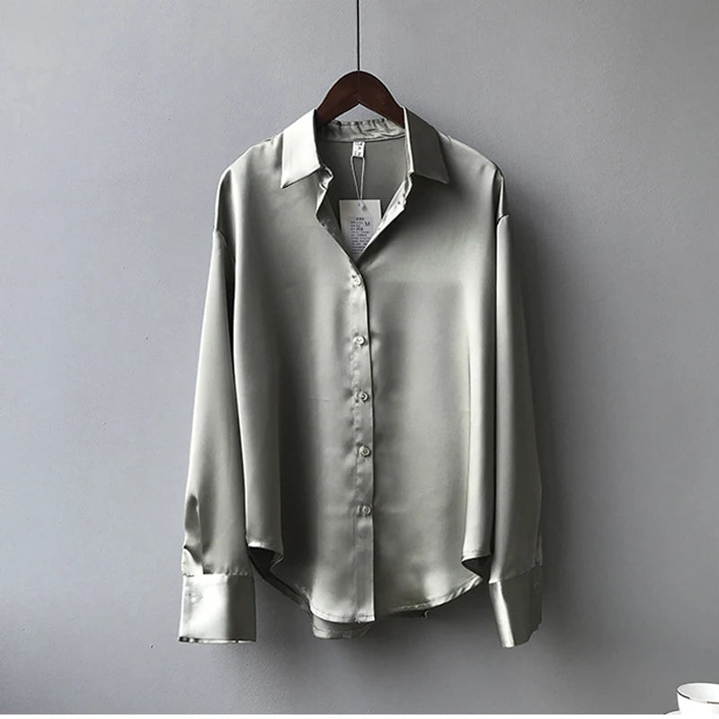 Spring Fashion Button Up Satin Seidenhemd Vintage Bluse Frauen weiße Tops Lady Long Sleeves weibliche losen Straßenhemden 11355