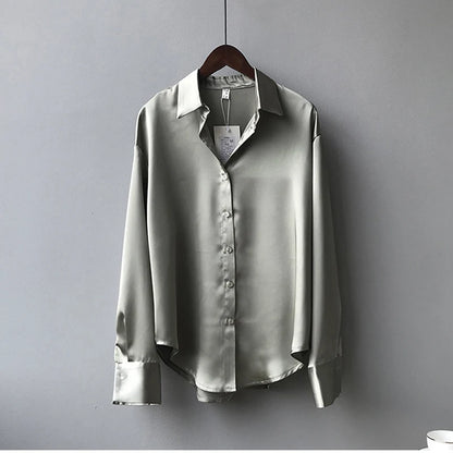 Spring Fashion Button Up Satin Seidenhemd Vintage Bluse Frauen weiße Tops Lady Long Sleeves weibliche losen Straßenhemden 11355