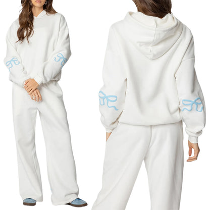 Combhasaki Womens 2Piece Y2K Loose Outfits Set Bow Print Long Sleeve Hooded Pullover Sweatshirts + Elastic Waist Pants Tracksuit