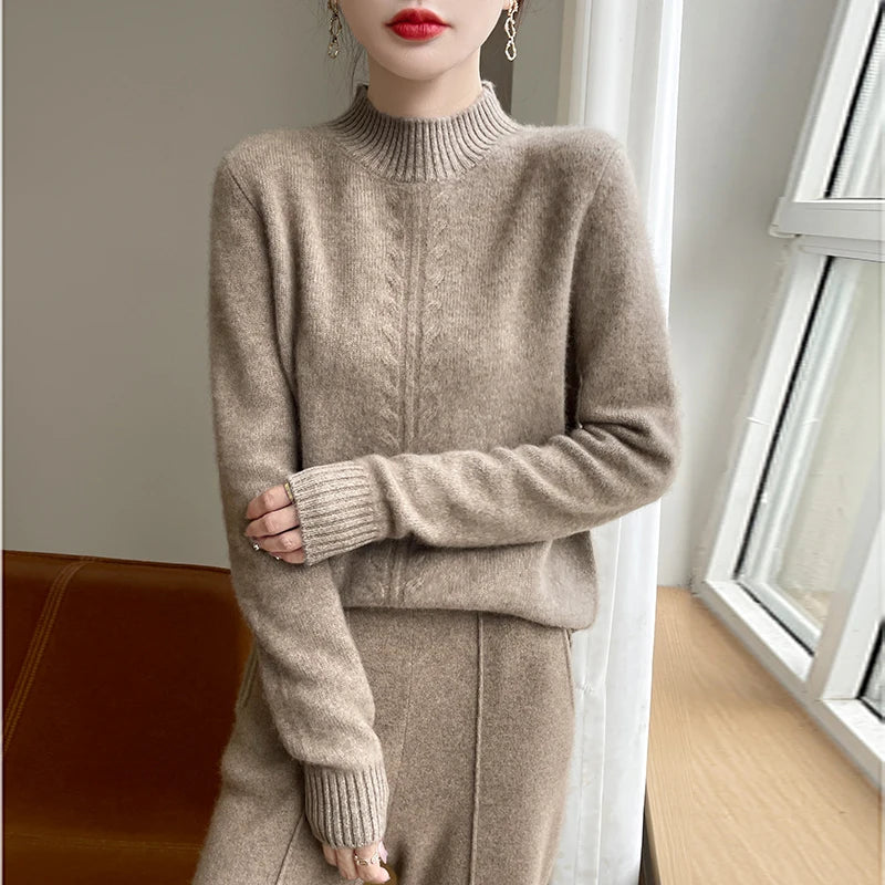 2025 Hemp Pattern Half Turtleneck Women's Woolen Sweater Autumn and Winter Warm 100% Wool Sweater Pure Color Comfort Pullover