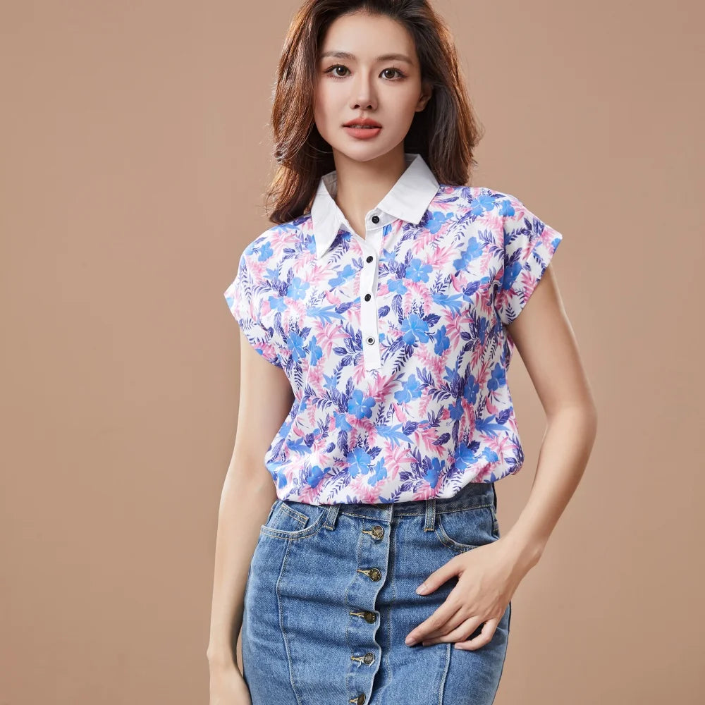Žene proljetni ljetni stil šifonske bluze Lady casual kratki rukav skretanje ovratnika tiskani casual labavi vrhovi df3548