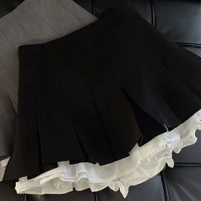Mooyufon ruffles svart minikjol kvinnor koreanska lapptäcke veckade kjolar japanska kawaii hög midja alla matchar en linjekjol ny