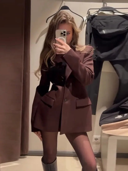 Mini-saia elegante de Blazer Coat Desenta Mulheres Marrom ombro marrom