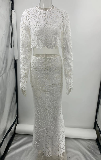 White Elegant Embroidery Hollow Out Beach Dresses Set Sexy See Though Crop Tops Long Skirts Women Sets Summer Women Outfits