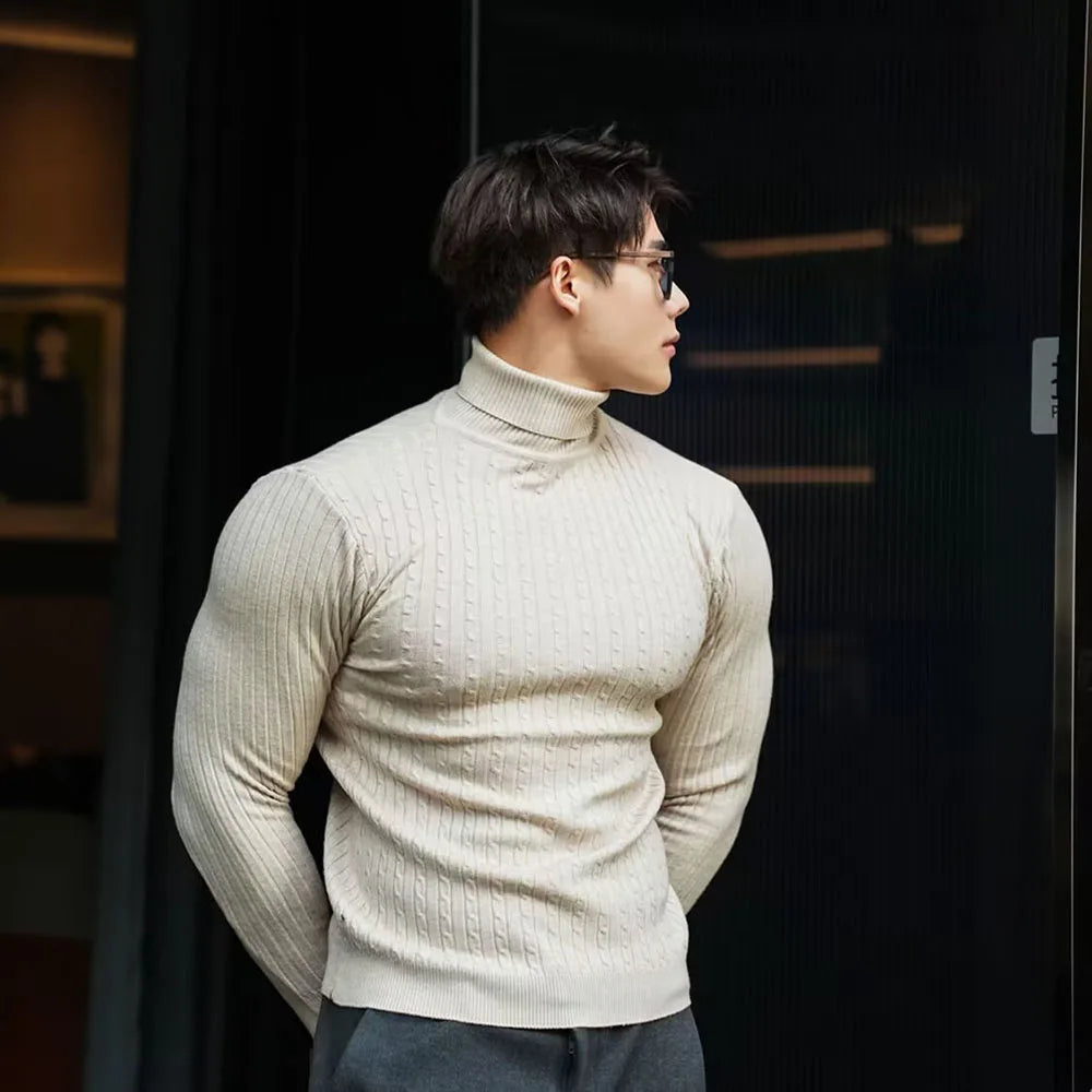 Nya mäns Turtleneck -tröjor Höststickad randig streetwear varm långärmad pullover fast färg Basic Style Casual Tops