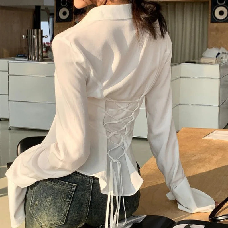 Modne žene zavojne košulje korean sve utakmice Streetwear Ženska vitka bluza proljetna košulja od bijelog zvona Nova majica