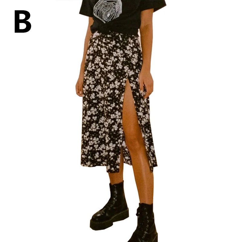 Vintage Skirt Summer Flower Leopard Print High Waist Stretch Long Skirt for Women A-Line Skirts Fashion Beach Maxi Skirt