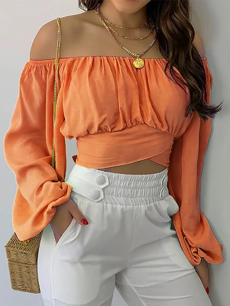 Frauen sexy Off Schulterbluse Chic und elegantes Drucklaterne Langarm Langarm Schnürbeuge geschnittene Tops Casual Slim Shirts 2024