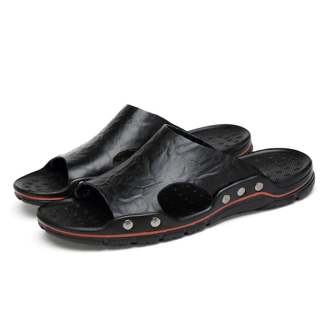 Zomer mannen slippers echt lederen ademende klompen sandalen strand klassiekers lederen glijbanen buiten slippers plus size heren schoen
