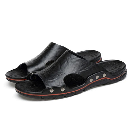 Zomer mannen slippers echt lederen ademende klompen sandalen strand klassiekers lederen glijbanen buiten slippers plus size heren schoen