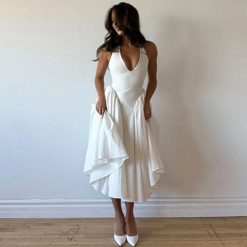 Talenza Backless Deep V Spliced Long Dress Summer Women's Sexy Party Kjole Halter Ny mode Slim hvid ærmeløs lang kjole