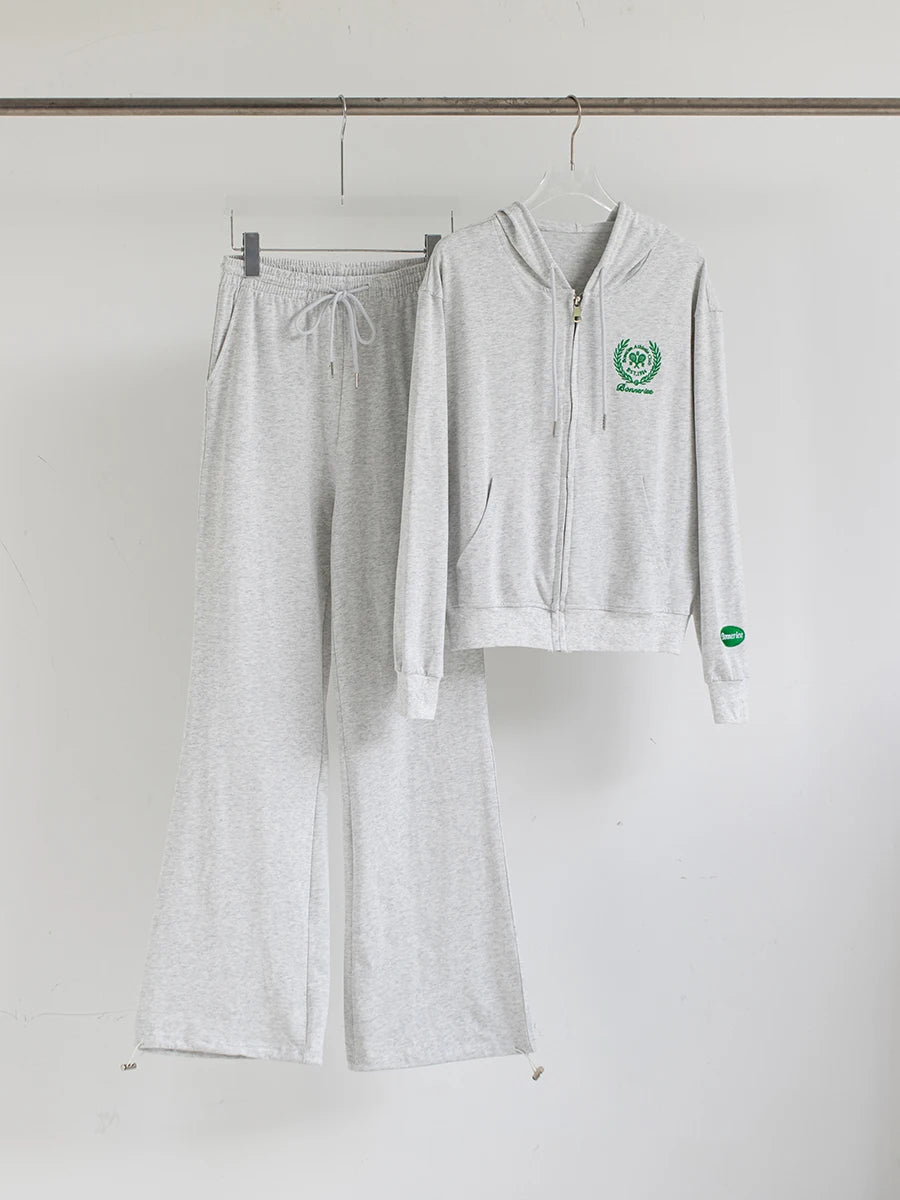 Buchstabe Stickerei Sweatpant 2 Stück Set Frauen Langarm Reißverschluss Kapuze -Sweatshirt Herbst Casual Draw String Terry Jogginghose Set Set