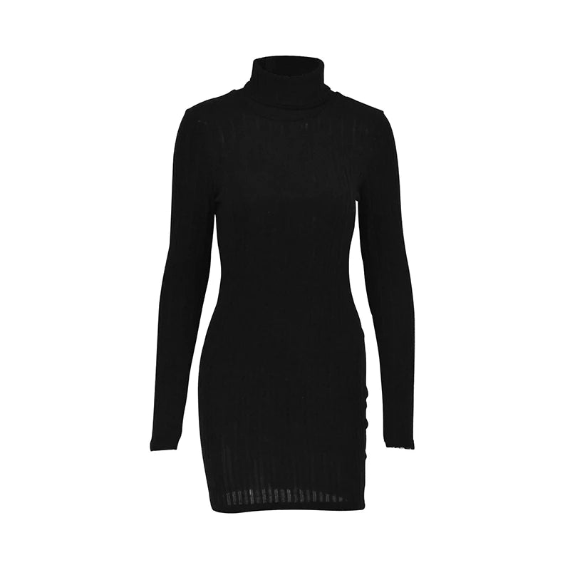 Нови солидни рокли есента зима жени дълги ръкави Turtleneck Sexy Bodycon Sheath Mini Dress Club Elegant Party плетени рокли