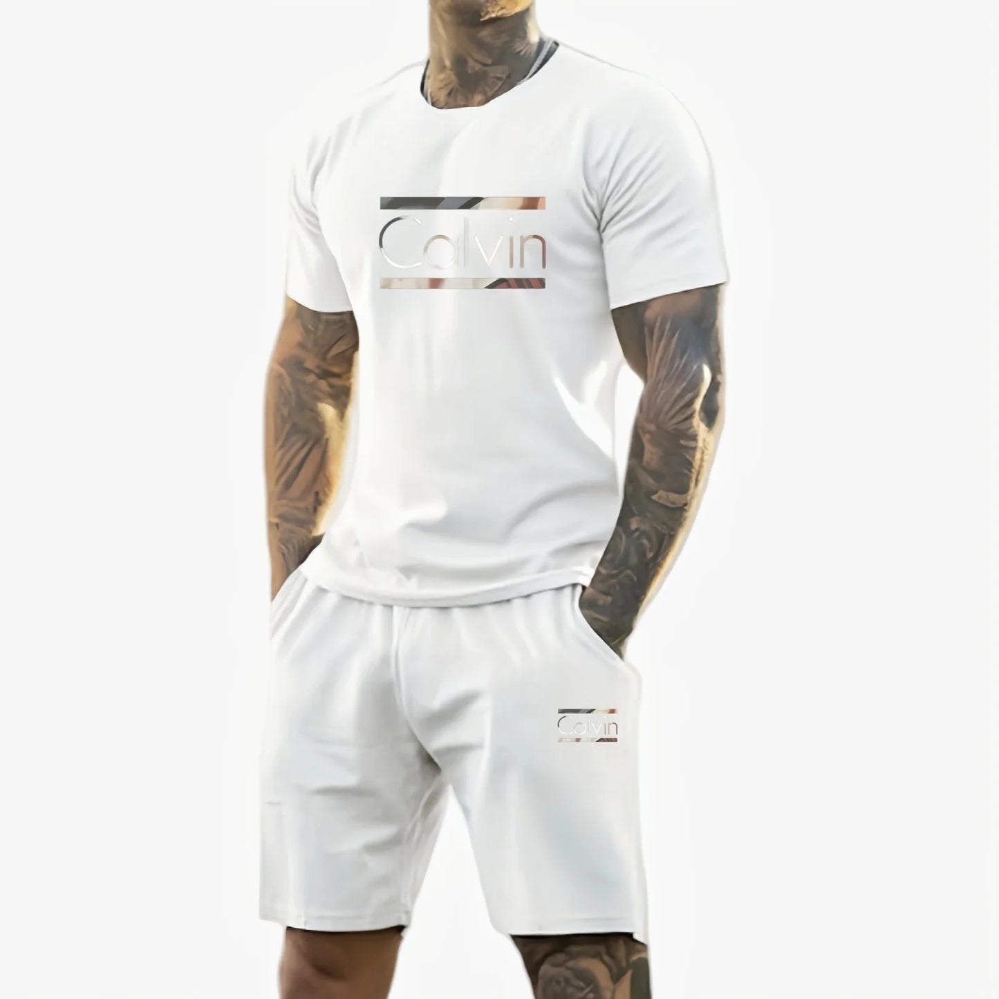 Men 2025 summer new casual sports suit Fashion breathable outdoor men's short-sleeved T-shirt + training shorts two-piece set