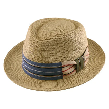 2025 New Fedora Straw pălărie cu o bandă largă cu dungi, pălărie de soare țesută pentru bărbați pentru femei