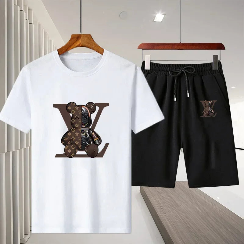Ny 2025 Summer Leisure Men's Sports Suit Outdoor vandring Jogging Men's Short Sleeve Breattable T-shirt + Shorts Two-Piece Set