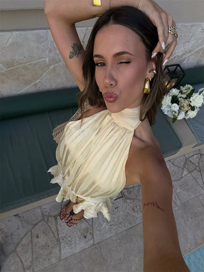 Halter Ruffle Mini Dress Kvinder sexet ærmeløs rygfri snøring op festkjoler 2025 Summer Beach Fashion Vacation Lady Short Robe